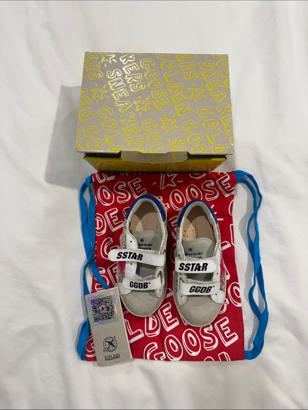 Golden Goose Kids White Sneakers with Blue Accents SSTAR Velcro